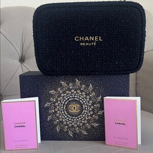 CHANEL Blue Tweed Makeup Cosmetic Pouch Bag with 2 Chanel Chance Eau Splendide